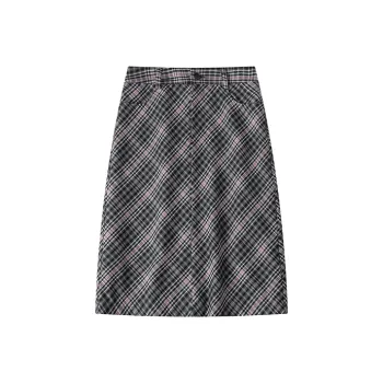 UNRETRO Casual Long Skirts Women's Gray Pink Plaid