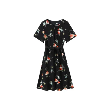 H-YXIANG Short-Sleeved Dresses Women's Black Background Rose With Belts