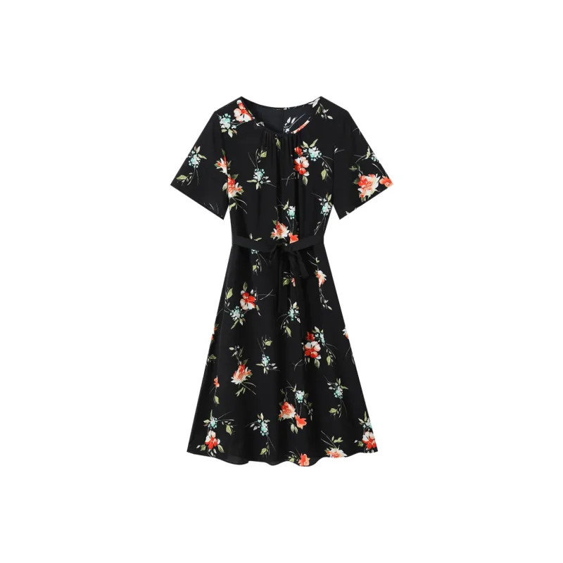 H-YXIANG Short-Sleeved Dresses Women's Black Background Rose With Belts-0