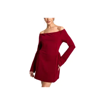 NASTY GAL High Bardot Tie Back Skater Dress Long Sleeved Dresses Women's Burgundy
