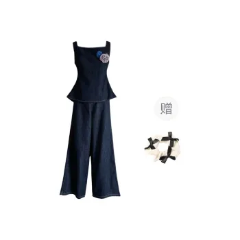 TURN UP Casual Suit Women's Dark Blue Two Piece Set/Bowknot Hair Tie Included