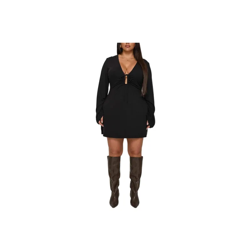 PRINCESS POLLY Dafnie Long Sleeve Mini Dress Long Sleeved Dresses Women's BLACK/Black-0