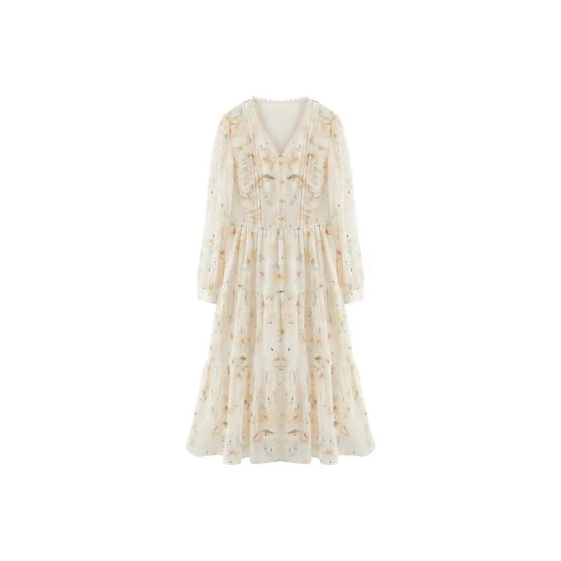 XIANGYING Long Sleeved Dress Women's Yellow-0