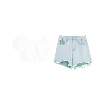 DEDY Casual Suit Women's White Top+Denim Shorts