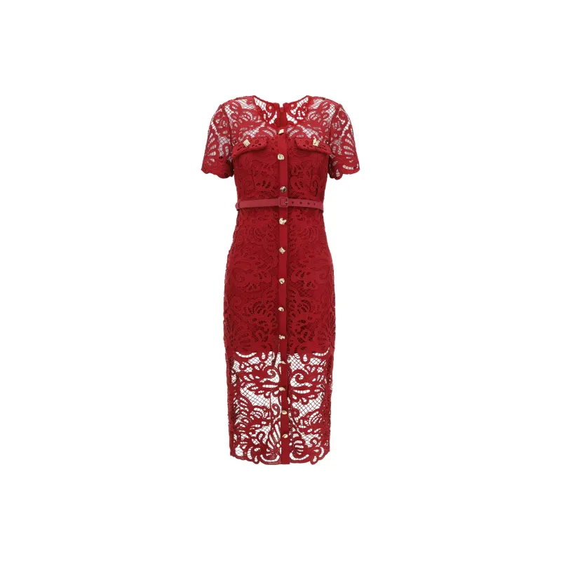 Self portrait Guipure Lace Button Midi Dress-0