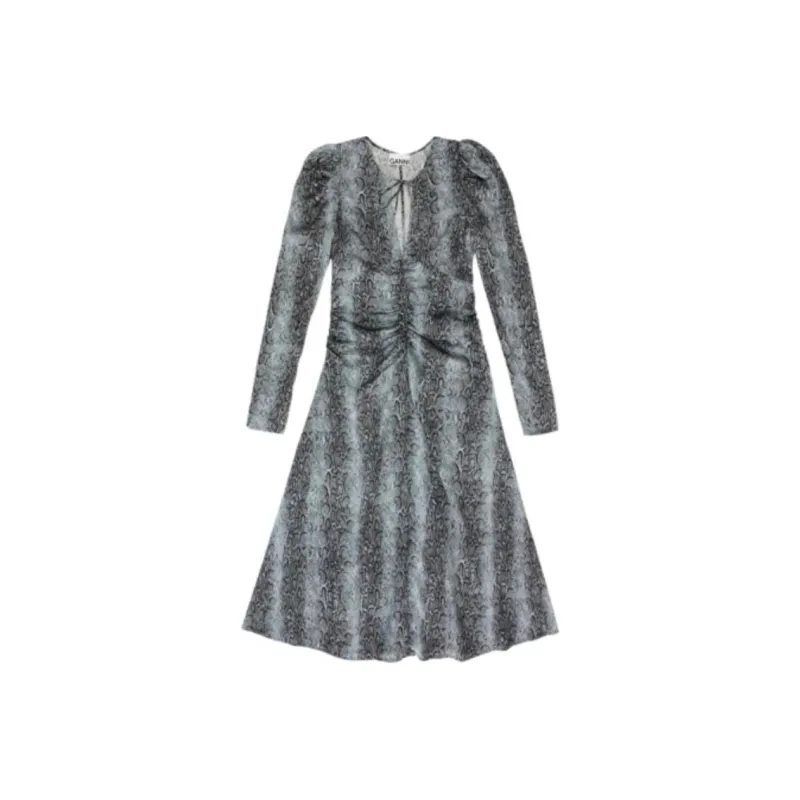 GANNI Ruched Detailed V Neck Midi Dress-0