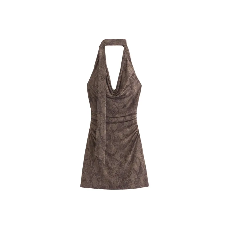 Abercrombie＆Fitch Sleeveless Dress Women's Brown Snakeskin Print-0