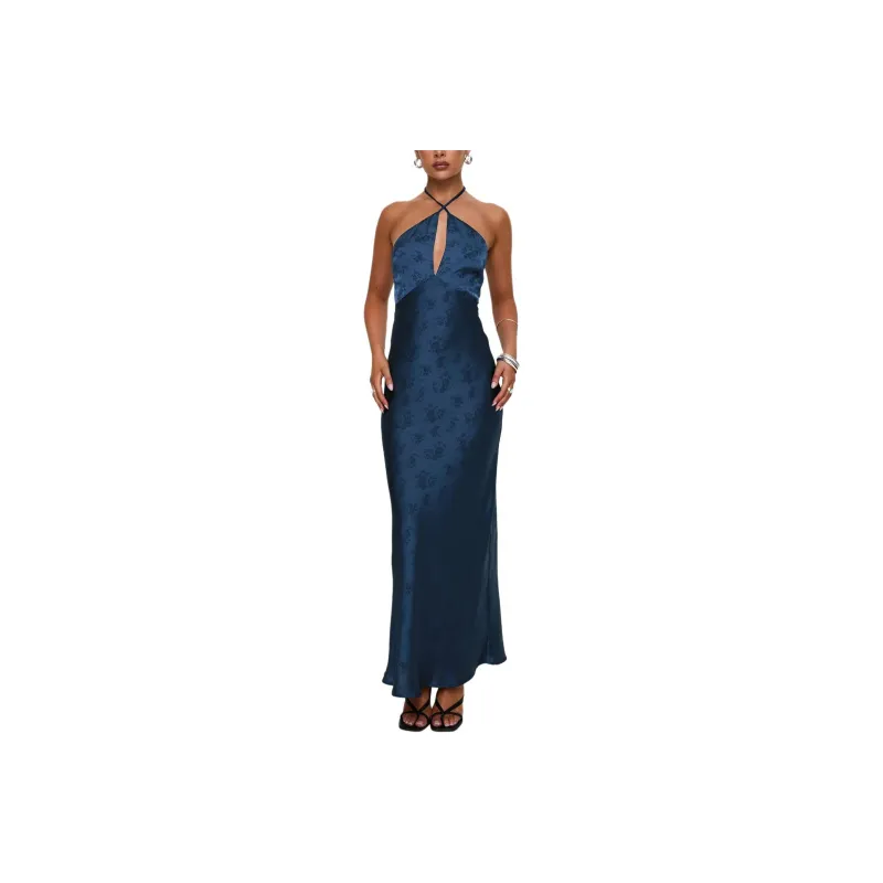 PRINCESS POLLY LIMOSINA HALTER MAXI DRESS Slip Dresses Women's NAVY/Marine Blue-0