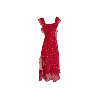 Udon House Sleeveless Dress Women's Brick Red Floral Dress