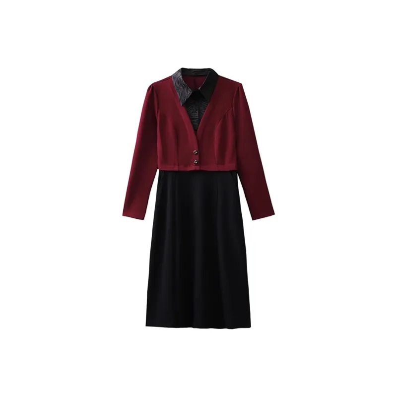 Mapping Long-Sleeved Dresses Women's Burgundy-0