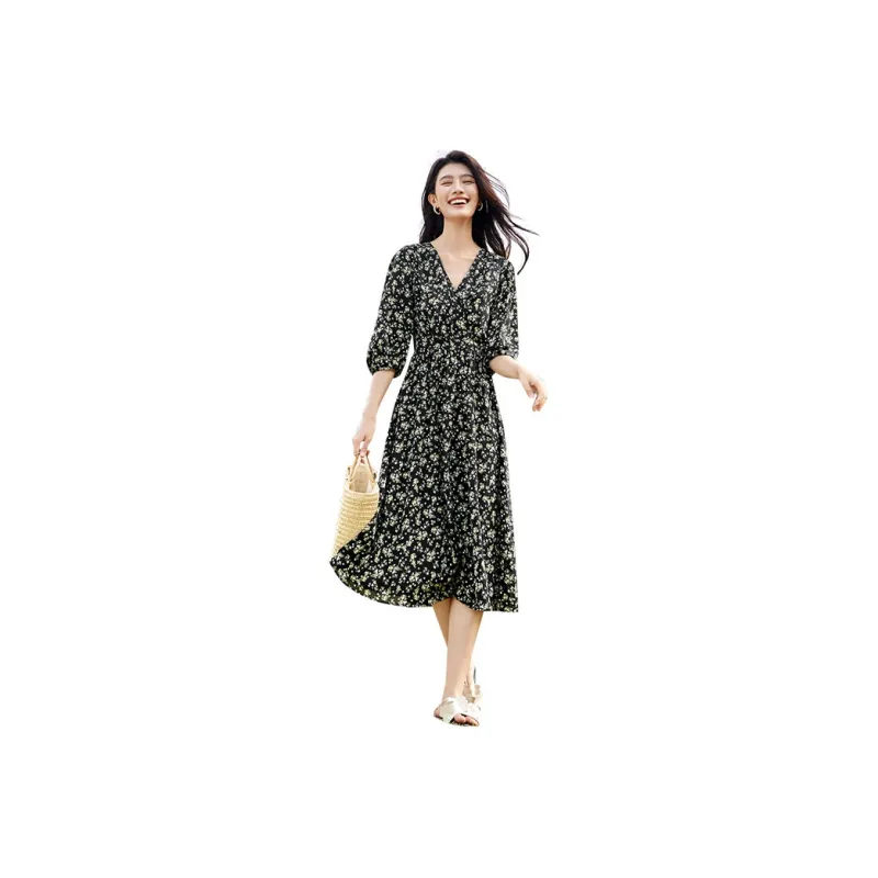 SENTUBILA Long Sleeved Dresses Women's Black Floral-0