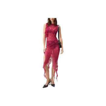 NASTY GAL Lace Asymmetric Ruffle Midi Dress Sleeveless Dress Women's Pink