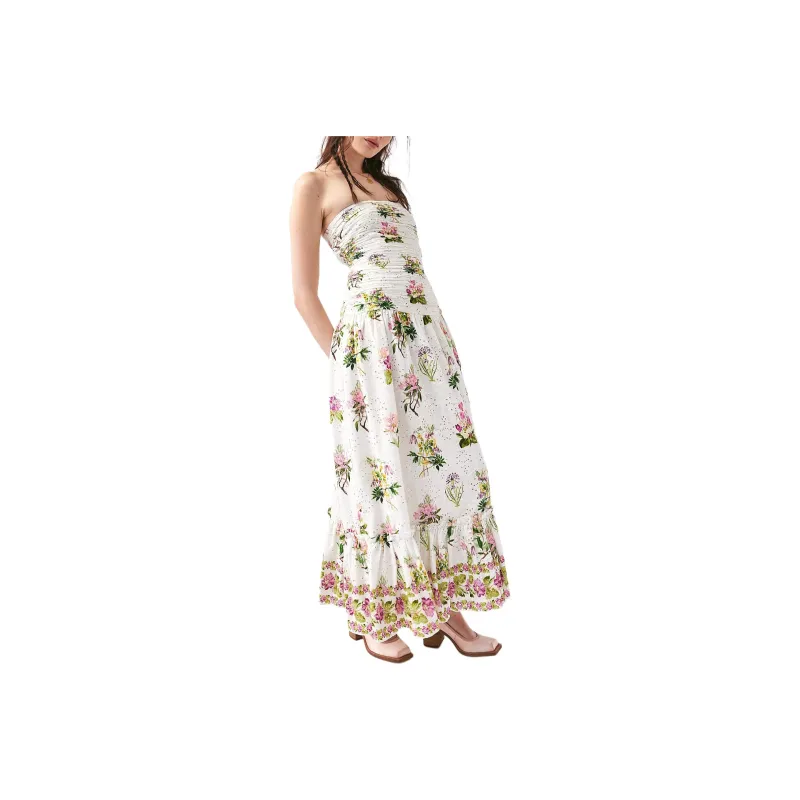 FREE PEOPLE Hemant & Nandita Embroidered Strapless Dress Sleeveless Dress Women's White Floral/White Floral Pattern-0