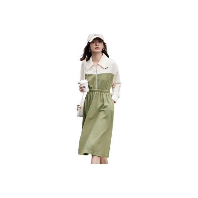 【dme】 Long Sleeved Dresses Women's Gray Pea Green-0