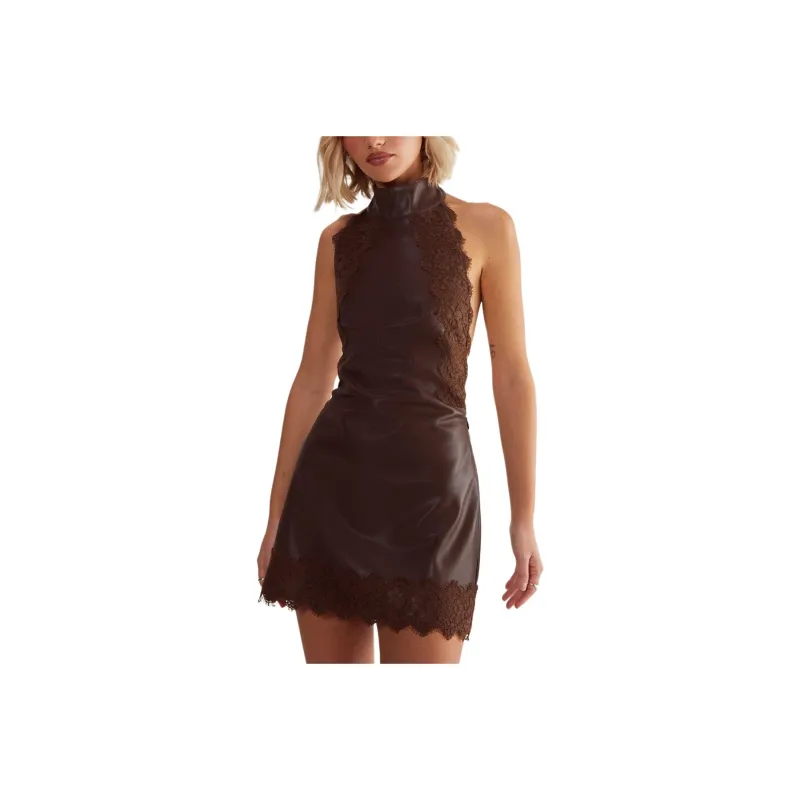 NASTY GAL Eyelash Lace Trim Faux Leather Halter Dress Sleeveless Dress Women's Chocolate-0