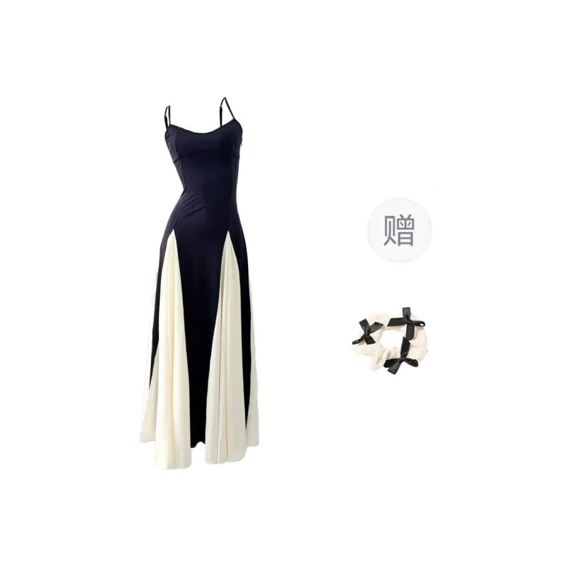 CPAURA Slip Dress Women's Black White+Bowknot Hair Tie Comes With-0