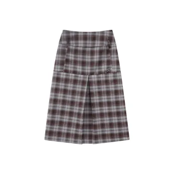 FPMZ Casual Long Skirts Women's Blue Brown Plaid Skirt