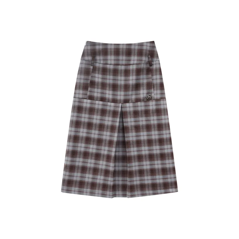 FPMZ Casual Long Skirts Women's Blue Brown Plaid Skirt-0
