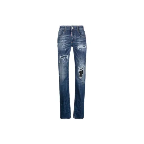 DSQUARED 2 SS24 S.S. Dark Ripped Leather Patch Jennifer Jeans Women's Blue
