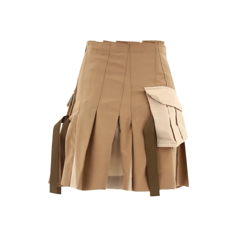 Sacai Twill Assymetric Pleated Mini Skirt 'Beige'-0