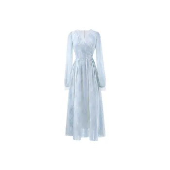 GUOZHEN Long Sleeved Dress Women's Water Wave Blue