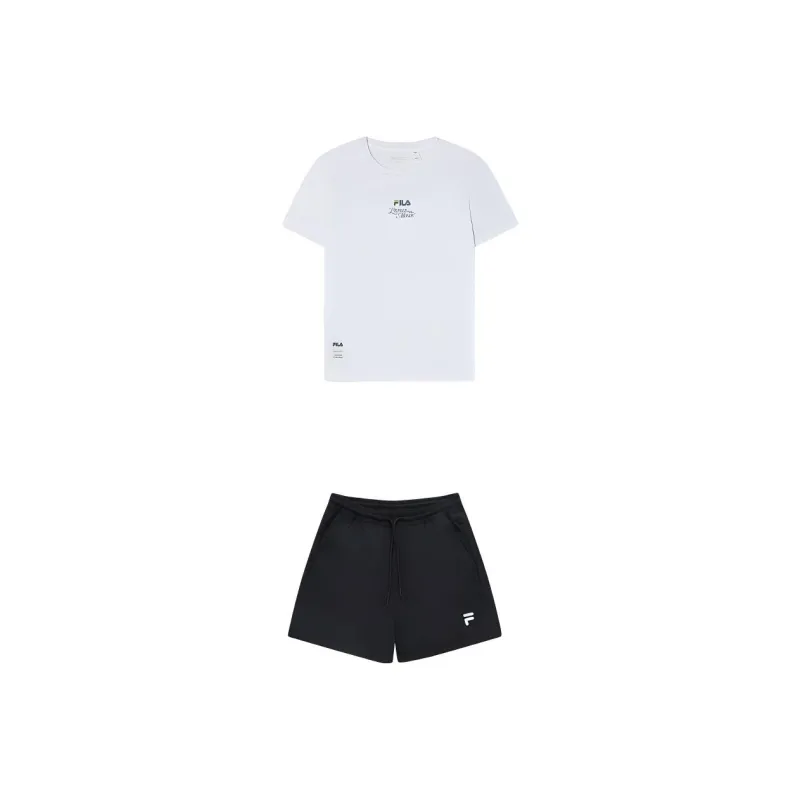 FILA Casual Suits Women's Set Bright White T Shirt+Black Shorts-0