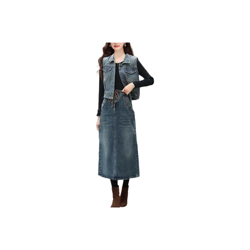 Wbwq Two Piece Skirt Sets Women's Blue Vest+Skirt-0