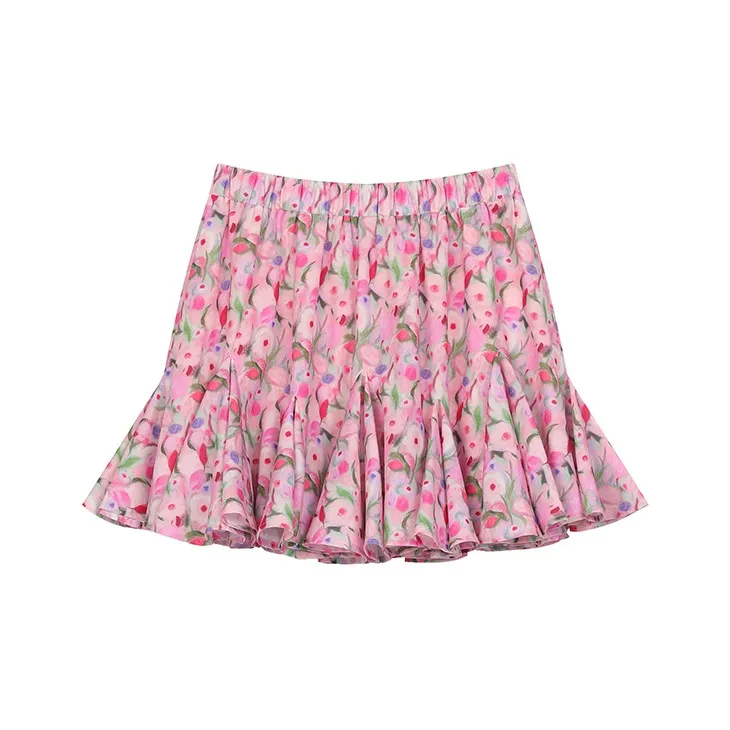 ELF SACK Casual Short Skirts Women's Oil Paintings Floral Pink-0