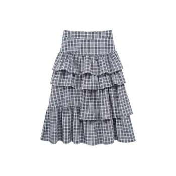 FPMZ Casual Long Skirts Women's Gray Blue Plaid
