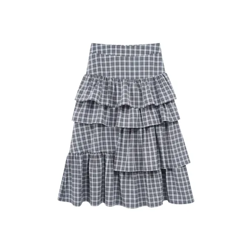 FPMZ Casual Long Skirts Women's Gray Blue Plaid