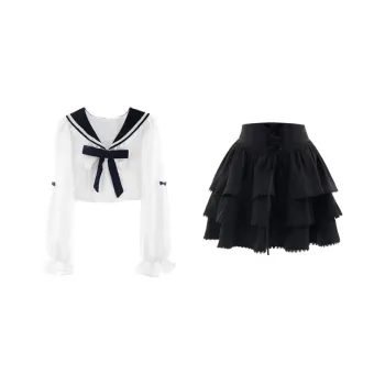 NHZN Skirt Set Women's White Blouse+Black Skirts