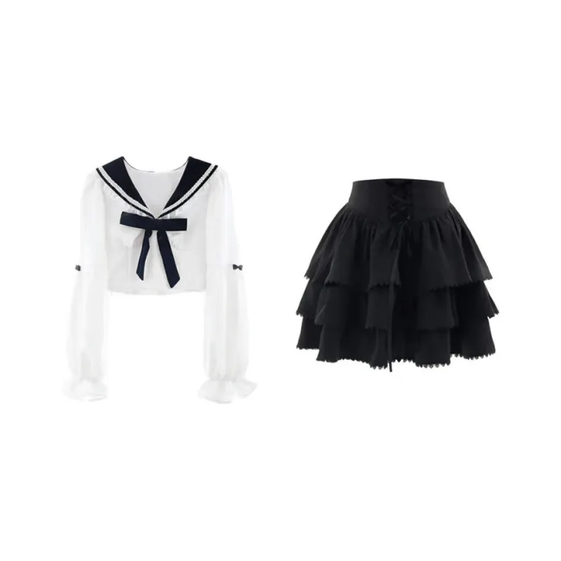 NHZN Skirt Set Women's White Blouse+Black Skirts-0