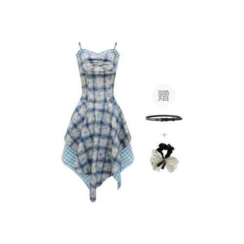 PAVEA Slip Dresses Women's Blue+Belt+Hair Tie Comes With
