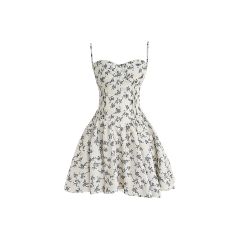 XIAOJUCHUANLI Slip Dress Women's White With Blue Floral-0