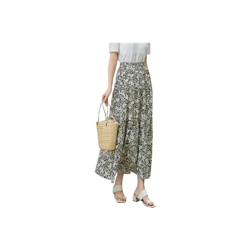 SENTUBILA Casual Long Skirts Women's Black With Yellow Floral-0