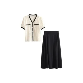 ETSE Skirt Set Women's Set White Shirts+Black Long Skirts