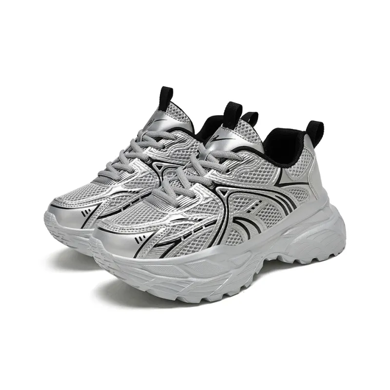 Binary Height Increasing Abrasion Resistant Breathable Low Top Chunky Sneakers Women's Silver-2