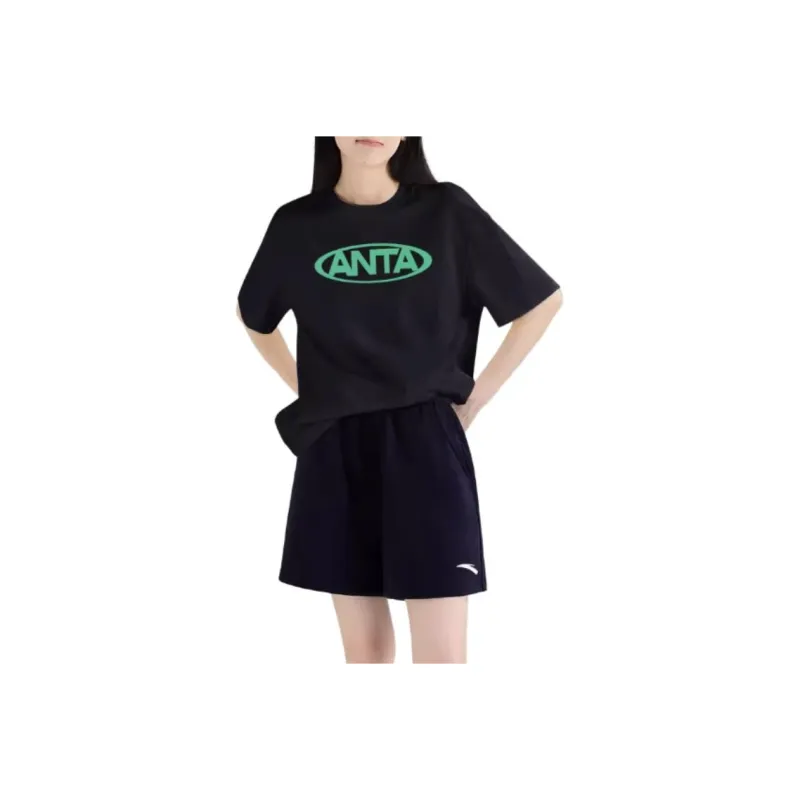 ANTA Casual Suits Women's Clothing Set Basic Black Short Sleeved Shirt+Basic Black Shorts-0