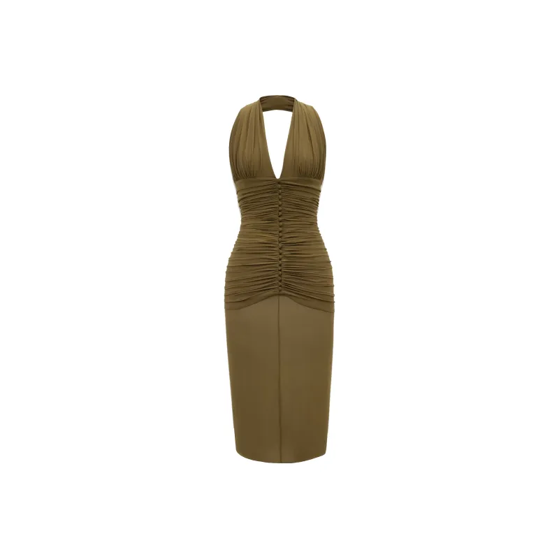 SAINT LAURENT Ruched Midi Halter Dress-0