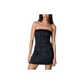 NASTY GAL Satin Jacquard Ribbon Trim Mini Dress Sleeveless Dress Women's Black