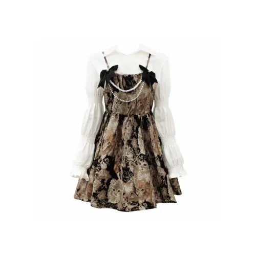 Lookinto Long Sleeved Dresses Women's White Shirt+Multicolor Camisole Dress