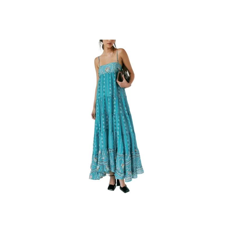 FREE PEOPLE Last Dance Printed Maxi Dress Sleeveless Dress Women's Teal Combo/Cyan Combo-0
