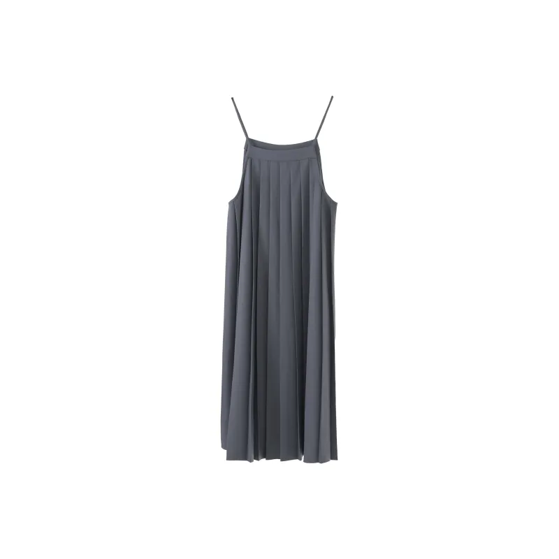 Fstudio Boat Neck Pleated Elegance Dynamic Sleeveless Dress Women's Gray-0