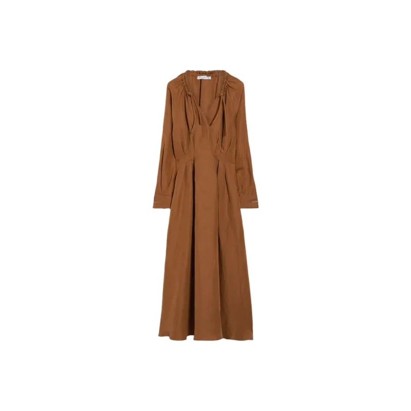 MaxMara Drina Collection Feminine Dress In Linen And Silk Long-Sleeved Dresses Women's Tobacco-0
