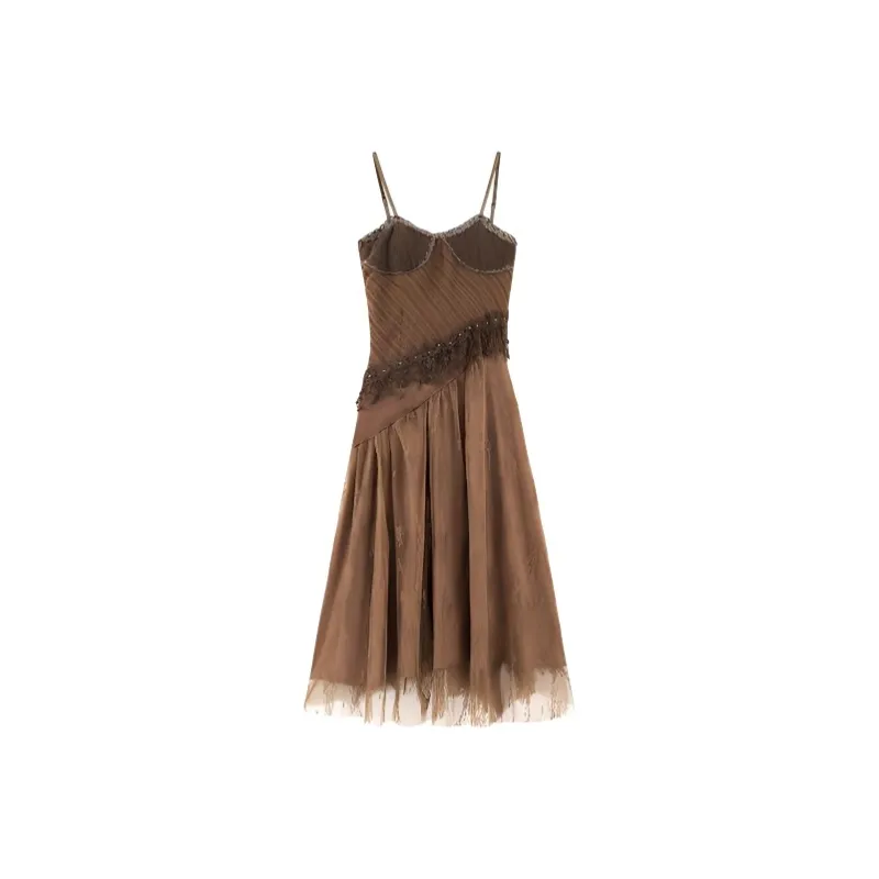 TIBINB Slip Dresses Women's Vintage Brown Slip Dress-0