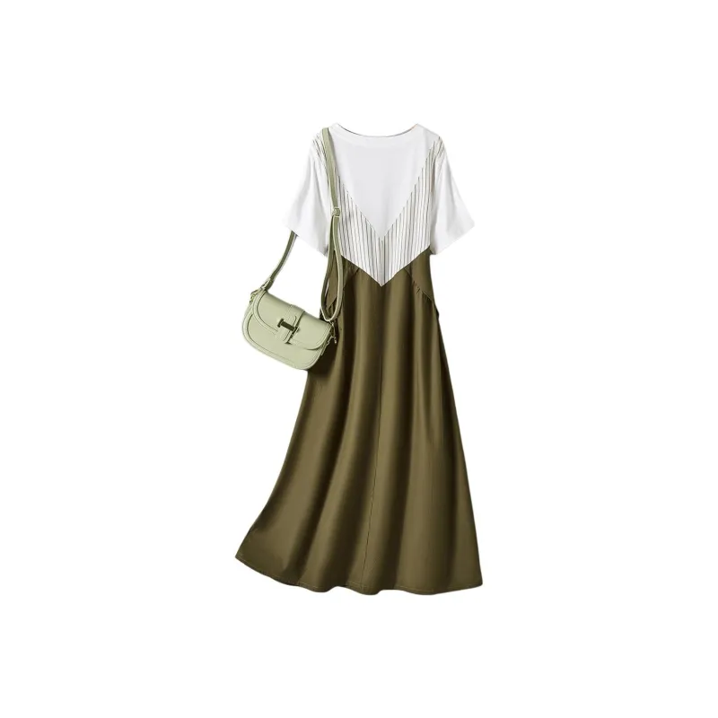 IHIMI Short Sleeved Dress Women's Army Green & White-2