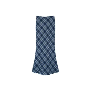ETSE Casual Long Skirts Women's Blue Plaid