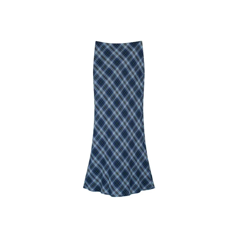 ETSE Casual Long Skirts Women's Blue Plaid-0