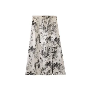 NAWAIN Casual Long Skirt Women's Beige With Black Floral