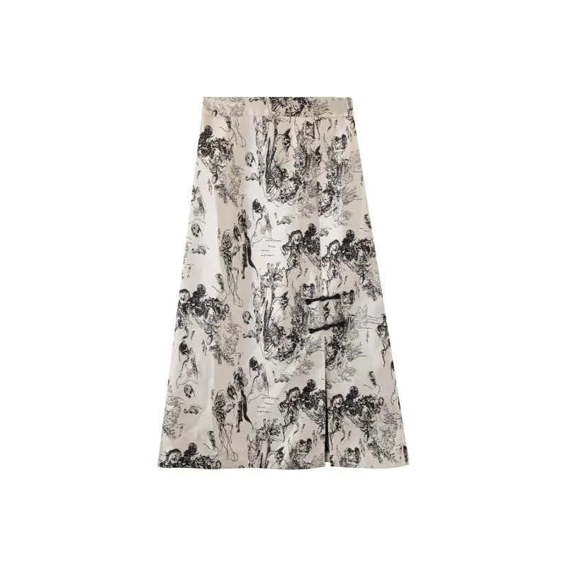 NAWAIN Casual Long Skirt Women's Beige With Black Floral-0